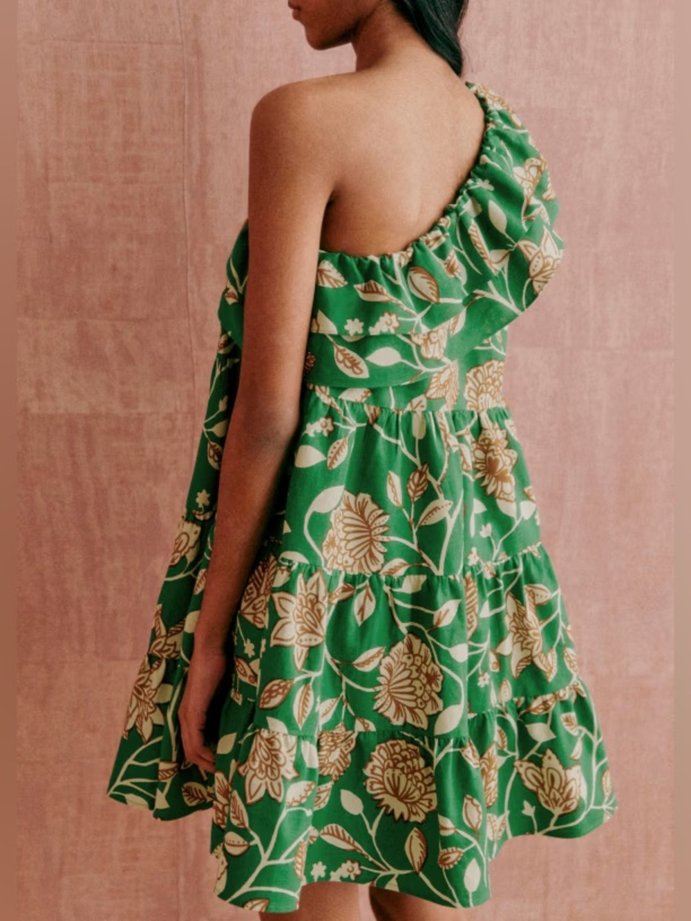 Sezane Leanore Gemini Floral Print One Shoulder Tiered Ruffle Green Dress 34 XS - Picture 3 of 16